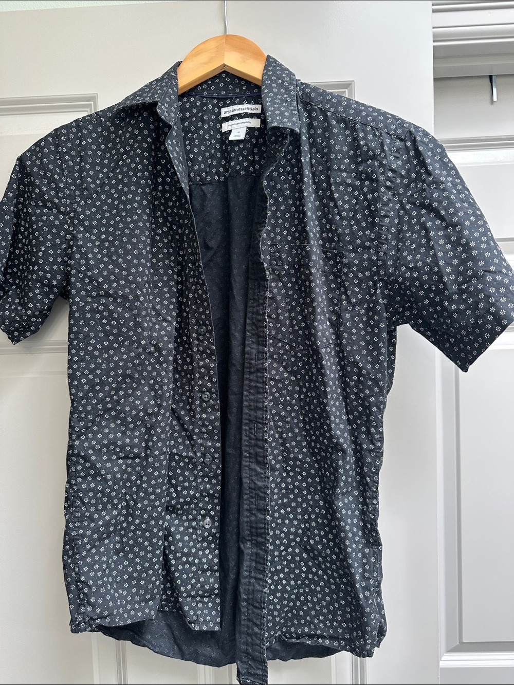 Black Short-Sleeve Button-Up Shirt with Micro Dot Print